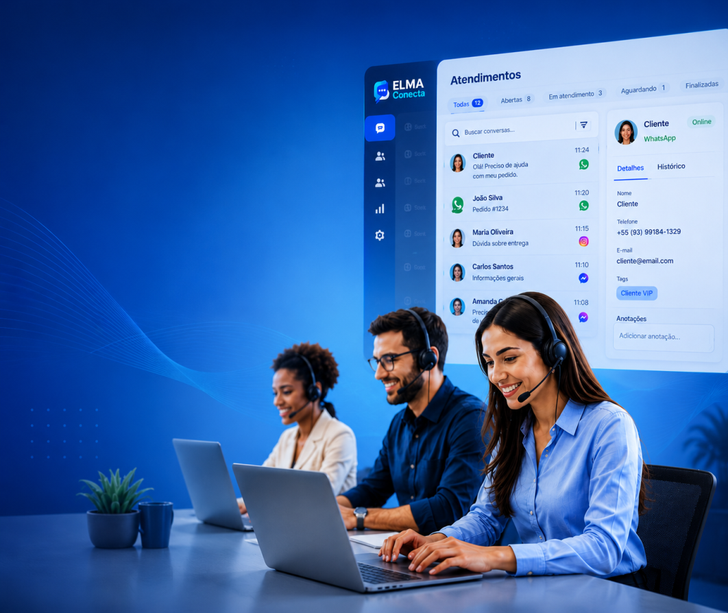 Equipe de atendimento utilizando o ELMA Conecta